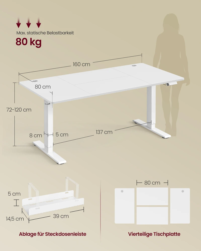 Vasagle Reguliuojamo aukščio stalas 160 × 80 × 72-120 cm