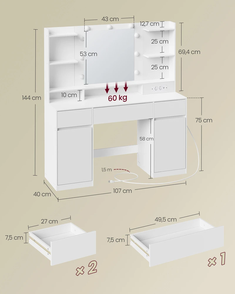 Songmics Kosmetinis stalas su veidrodžiu ir LED apšvietimu 40x107x144 cm