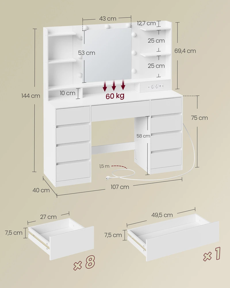 Songmics Kosmetinis staliukas su LED veidrodžiu ir spintelėmis 40 x 107 x 144 cm