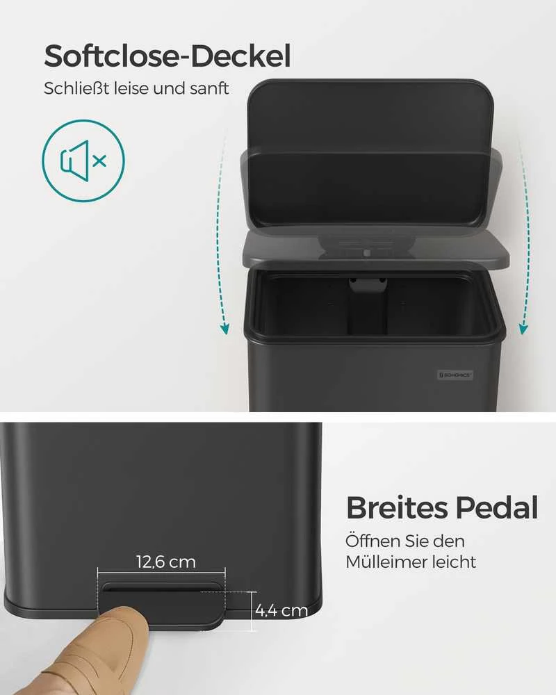 Songmics 40 litrų virtuvės atliekų dėžė su pedalais, juoda