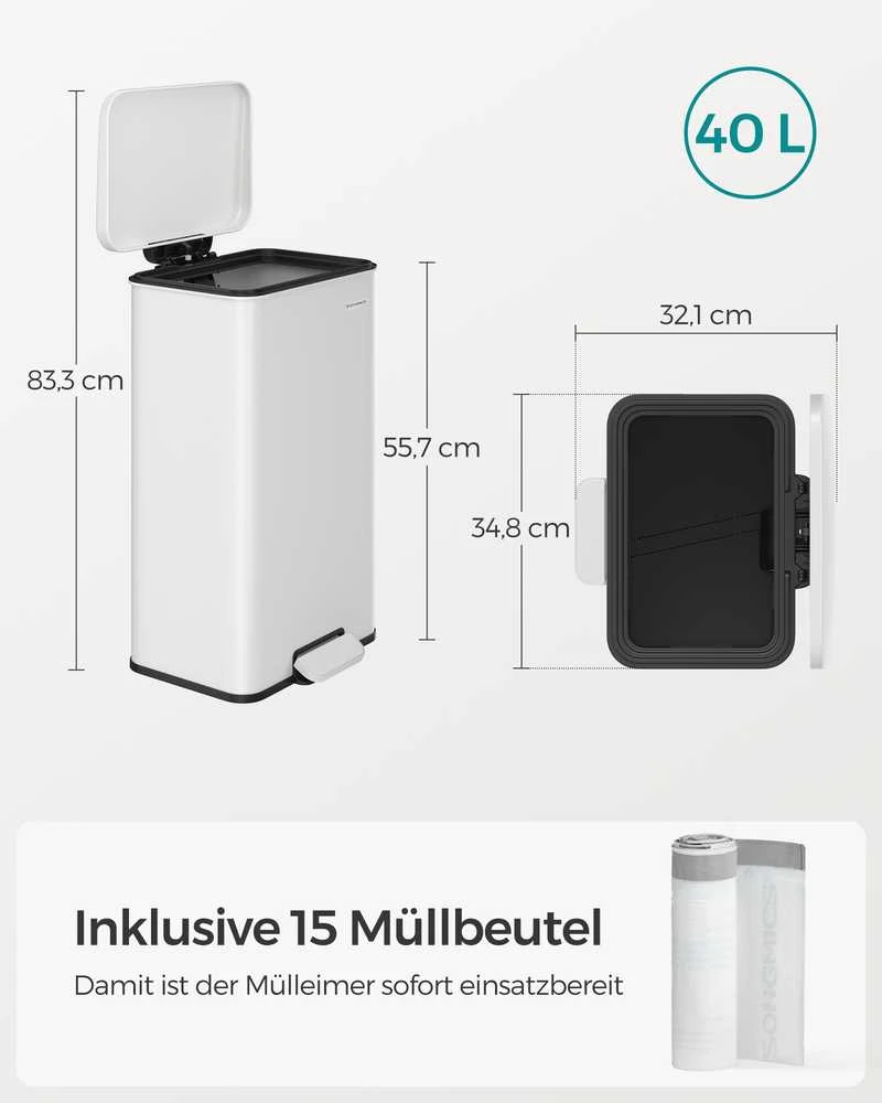 Songmics 40 litrų virtuvės atliekų dėžė su pedalais balta