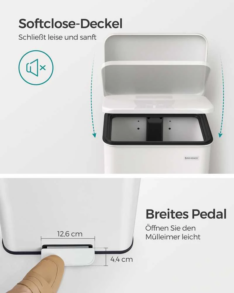 Songmics 40 litrų virtuvės atliekų dėžė su pedalais balta
