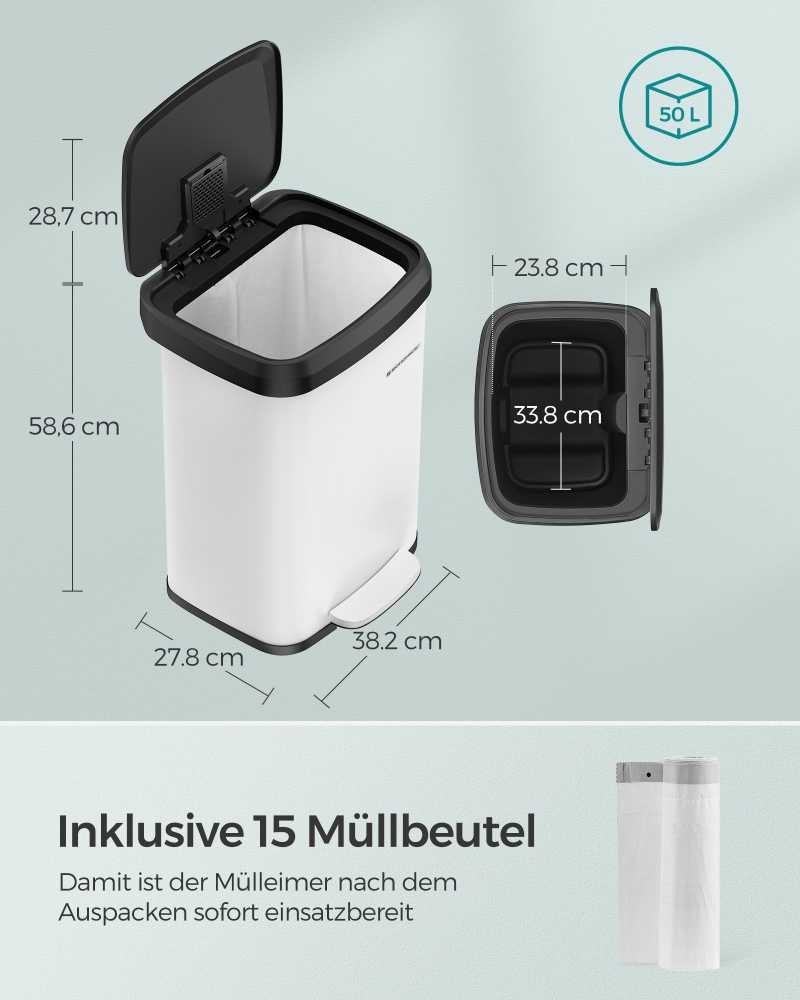 Songmics Virtuvės 50 litrų metalinė šiukšliadėžė su dangčiu balta-juoda