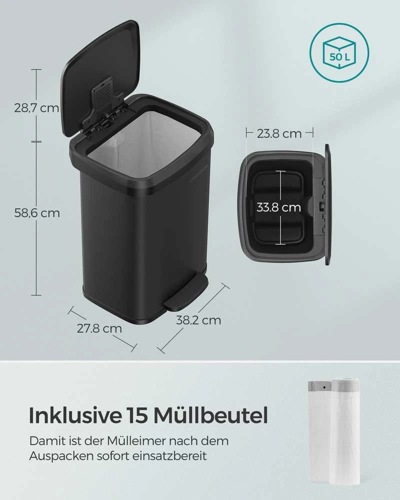 Songmics 50 litrų metalinė šiukšlių dėžė su dangčiu, juoda