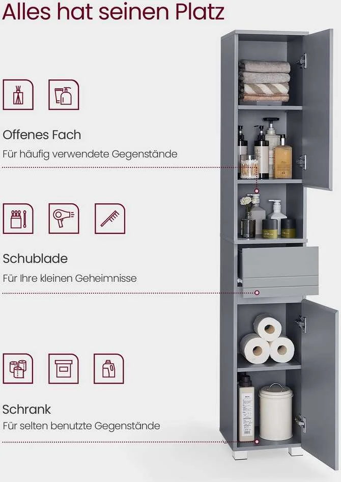 Vasagle Badezimmerschrank 30 x 30 x 170 cm mystisches Grau