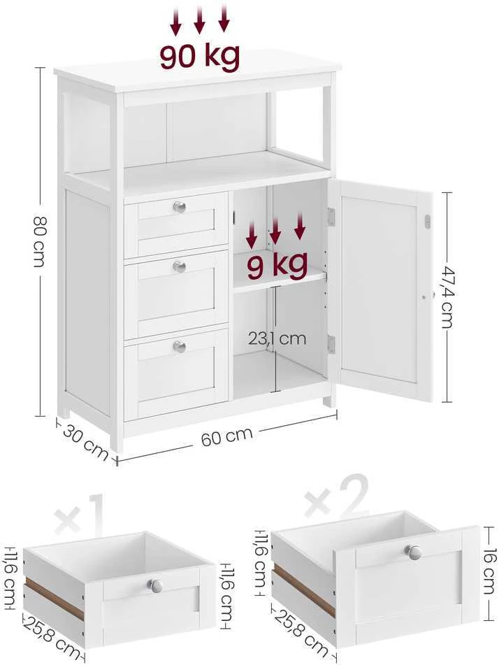Songmics Vasagle Vonios spintelė 30 x 60 x 80 cm su 3 stalčiais