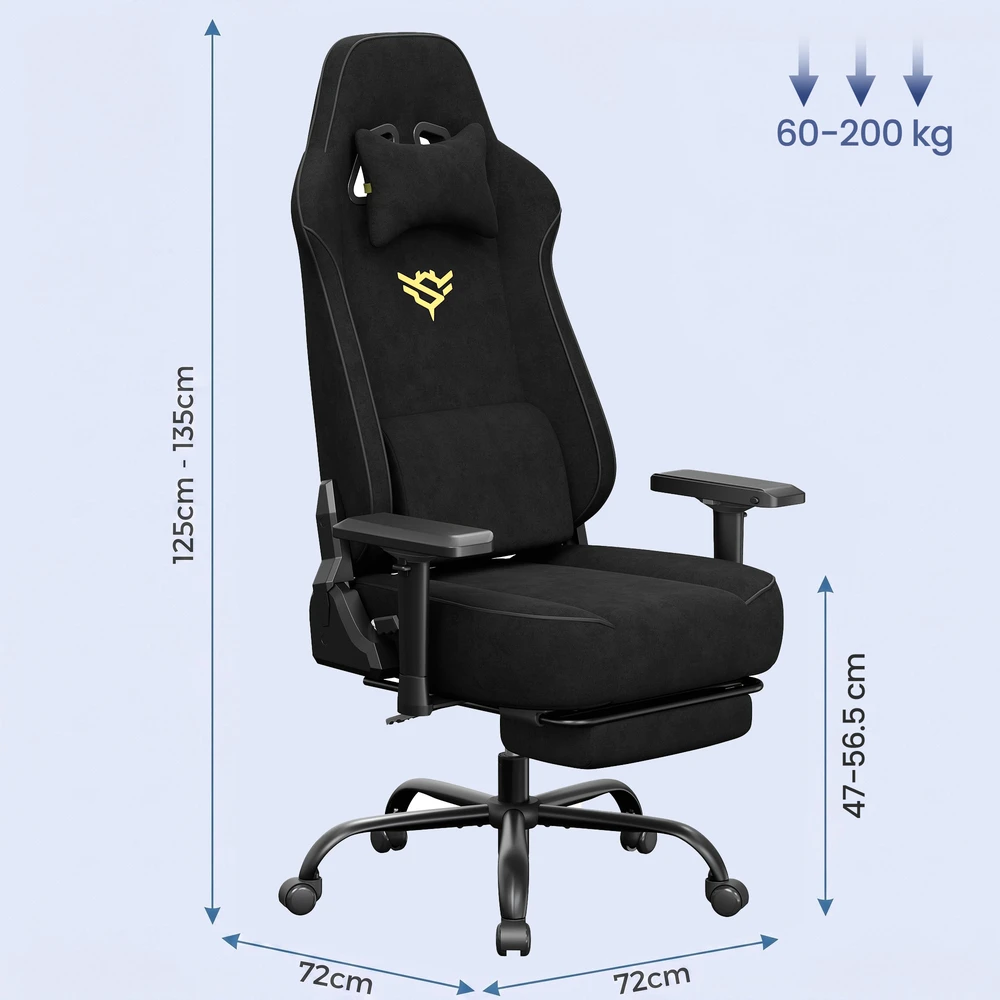 Songmics Žaidimų kėdė iš dirbtinio zamšos su kojų atrama ir 4D porankiais, iki 200 kg, 72 x 72 x 125–135 cm, juoda
