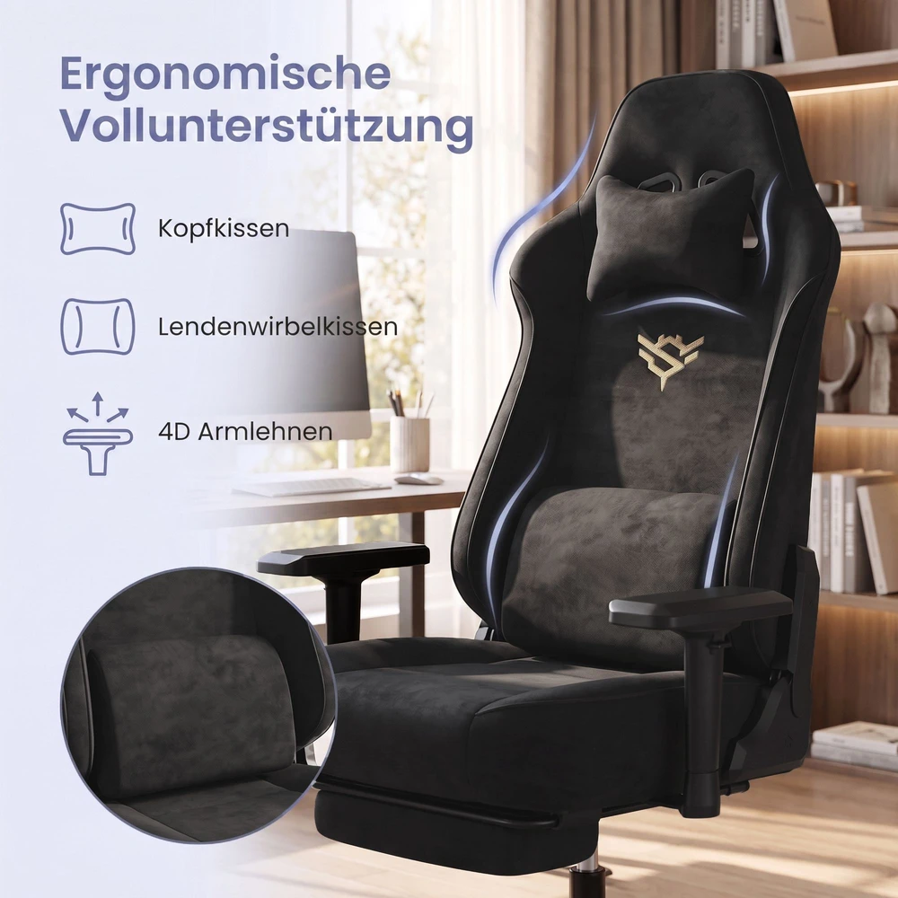 Songmics Žaidimų kėdė iš dirbtinio zamšos su kojų atrama ir 4D porankiais, iki 200 kg, 72 x 72 x 125–135 cm, juoda
