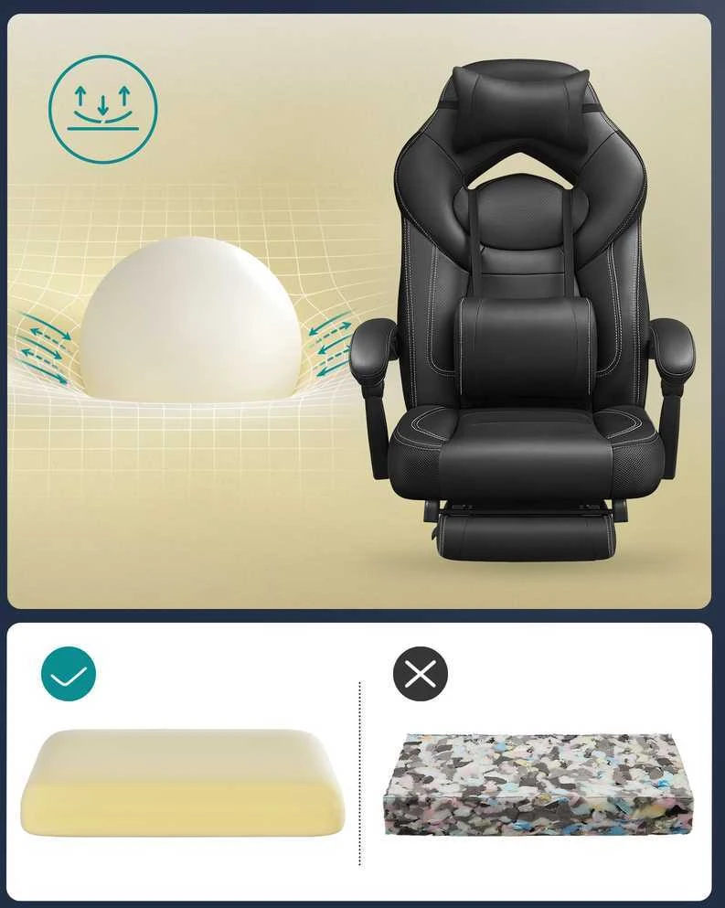 Songmics Žaidimų kėdė su atramomis kojoms ir galvai juoda