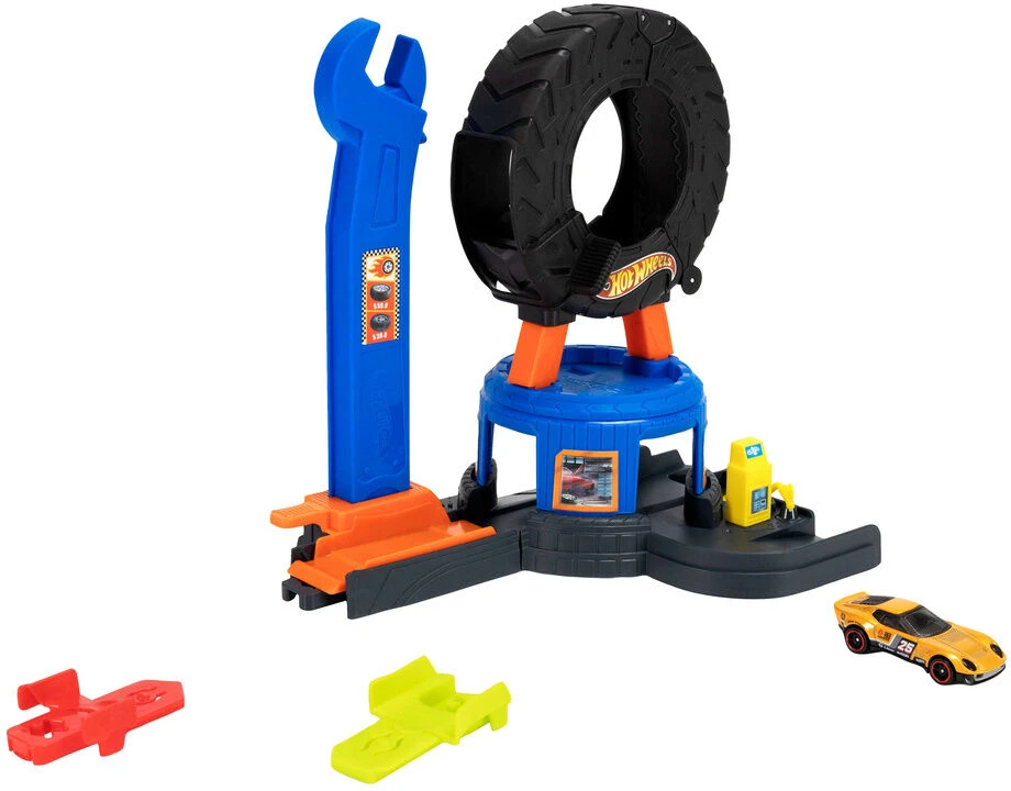 Hot Wheels City dirbtuvės ištiesiama padanga – automobilio trasa + transporto priemonė