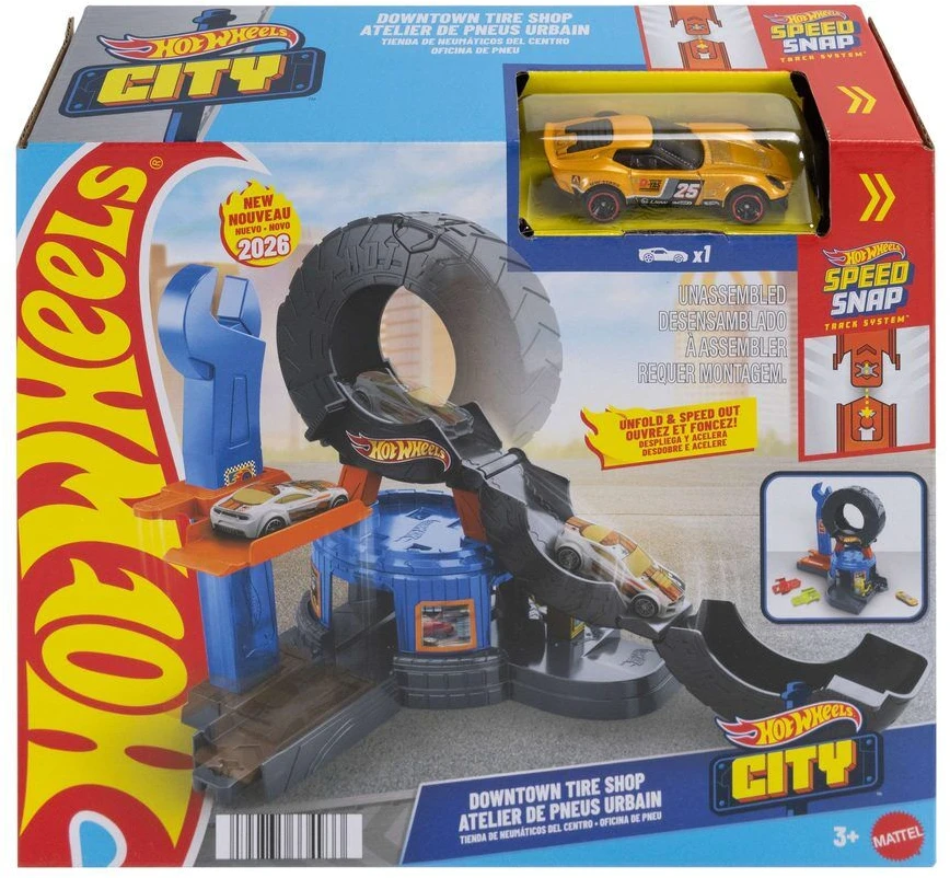 Hot Wheels City dirbtuvės ištiesiama padanga – automobilio trasa + transporto priemonė