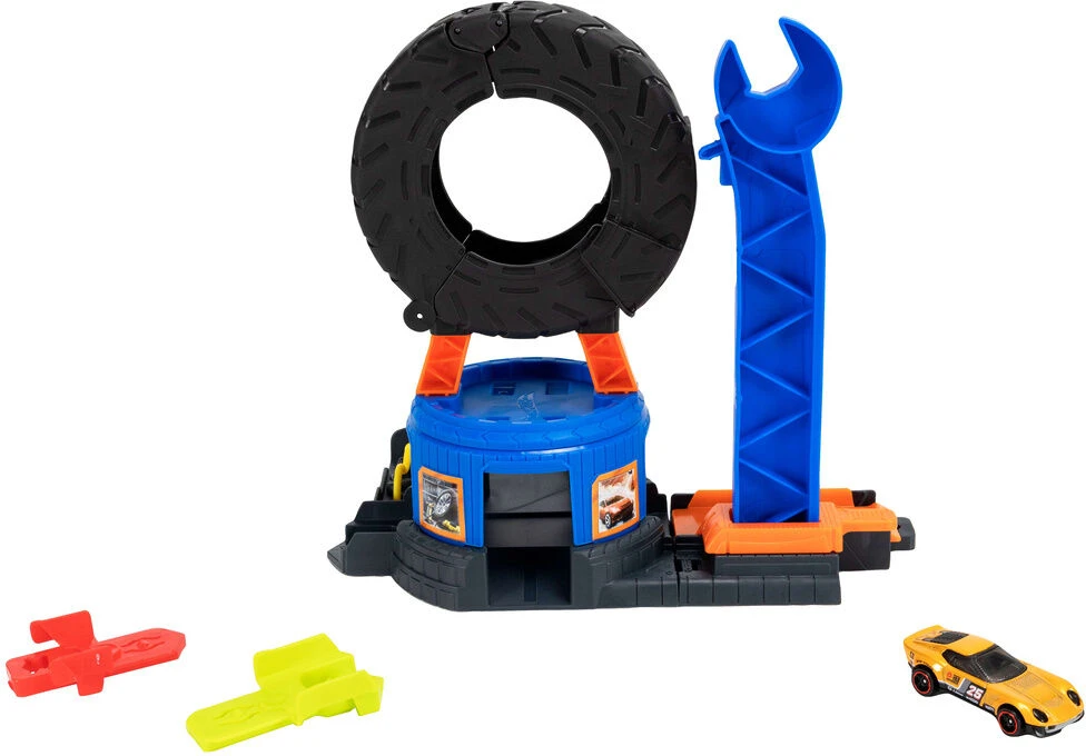 Hot Wheels City dirbtuvės ištiesiama padanga – automobilio trasa + transporto priemonė