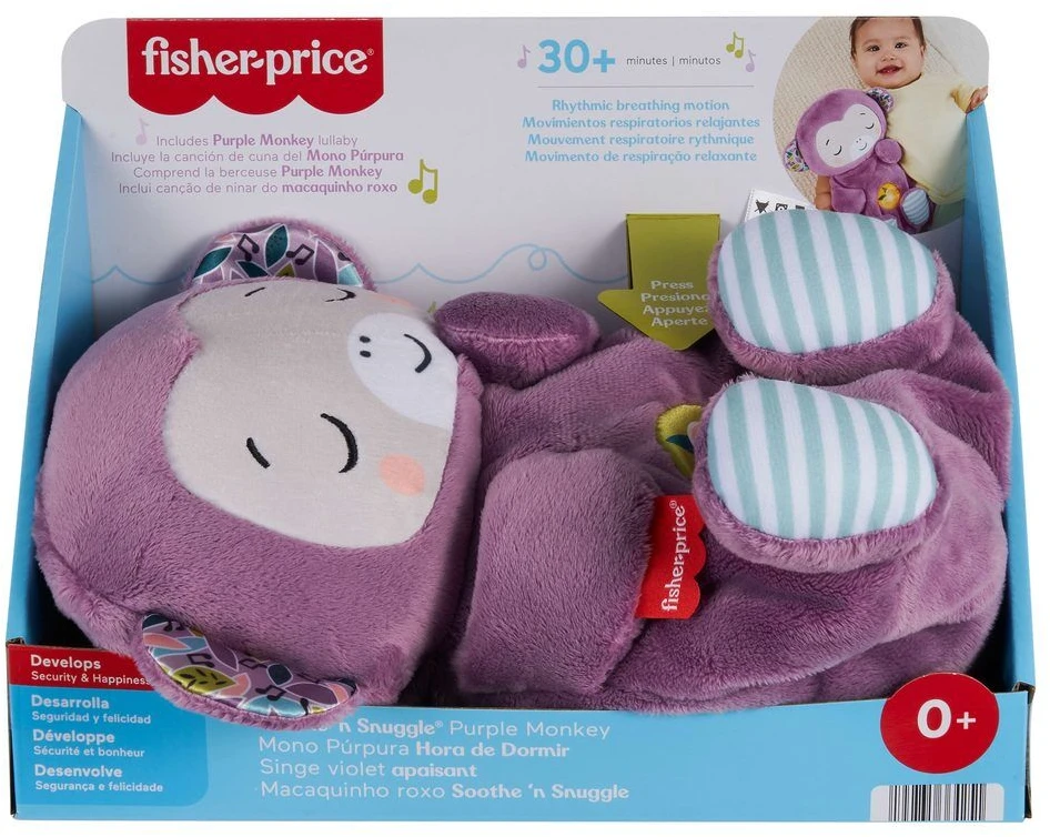 Fisher Price Violetinė mieganti beždžionėlė - pliušinis žaislas su garsais ir melodijomis