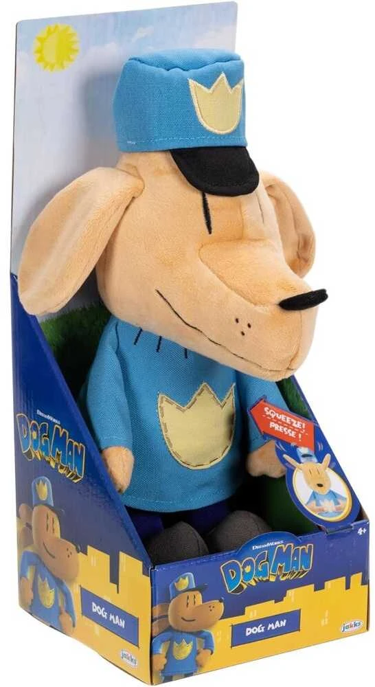 Jakks Pacific „Dream Works Dog Man“ interaktyvus pliušinis žaislas su cyptelinčiu šunimi policininku 26 cm