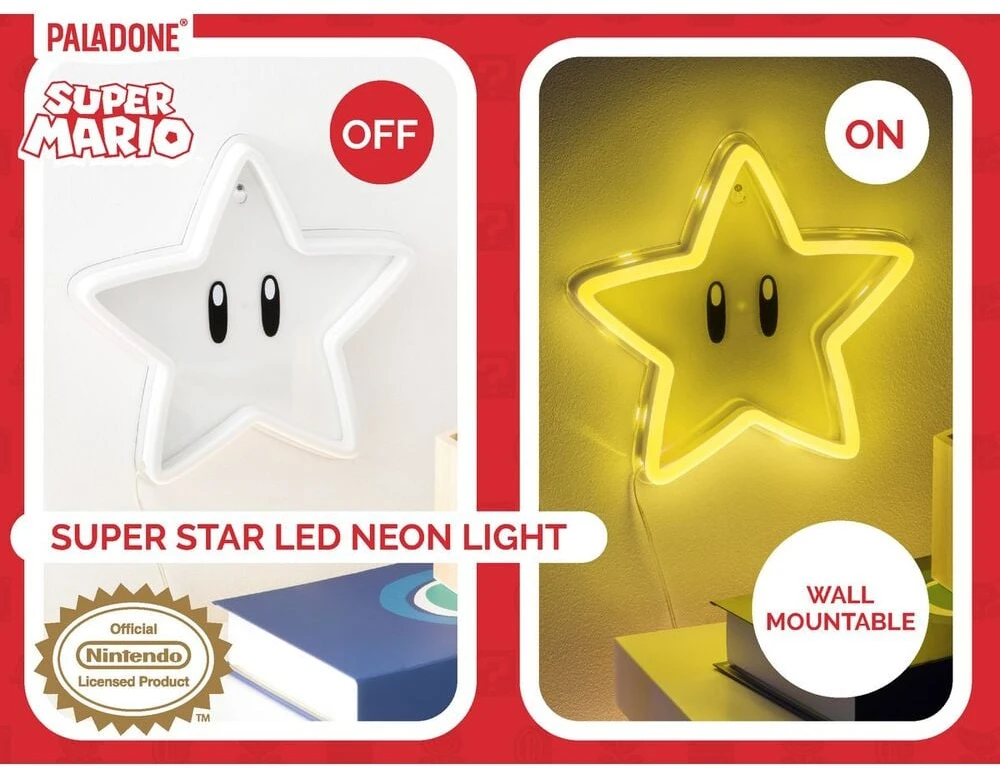 Paladone Super Mario Super Star Neon lempa (pakabinama ant sienos) | 24 cm