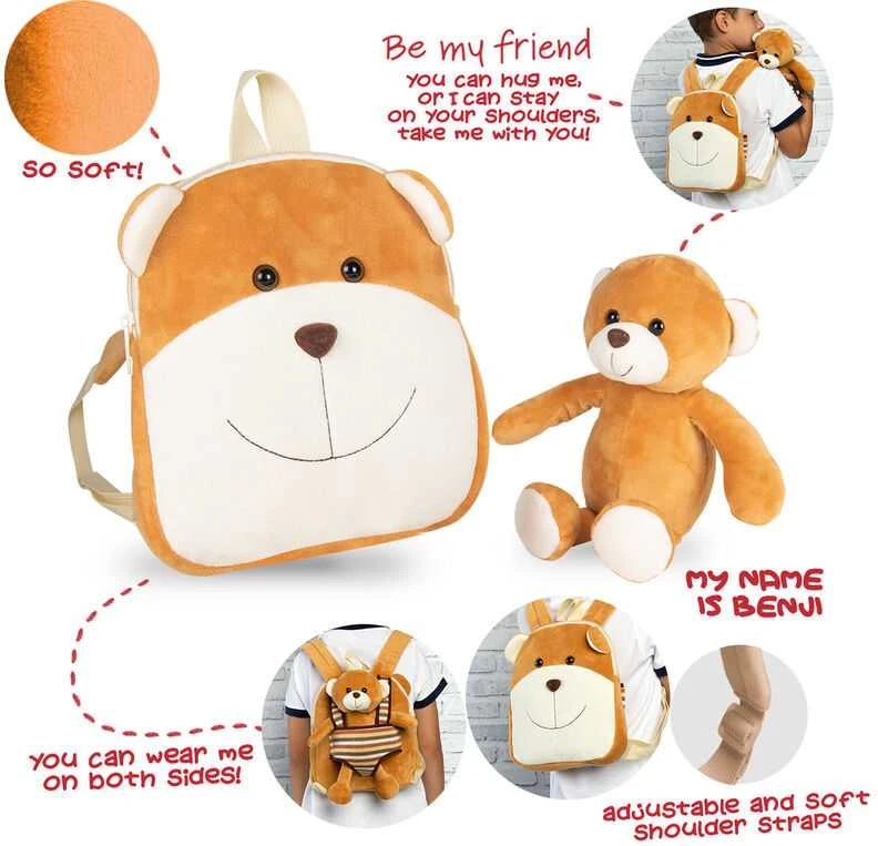 Perletti Benji Bear reversible backpack with plush toy 25cm