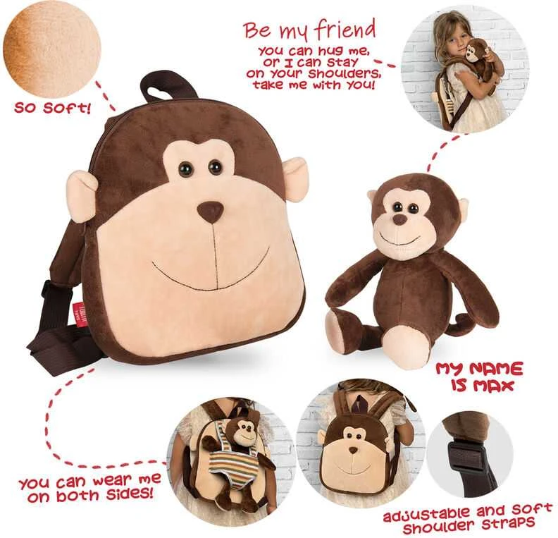 Perletti Max Monkey reversible backpack with plush toy 25cm