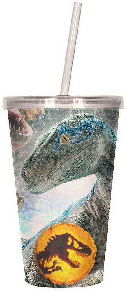 Dinozaurų iliustracijos gertuvė su šiaudeliu
