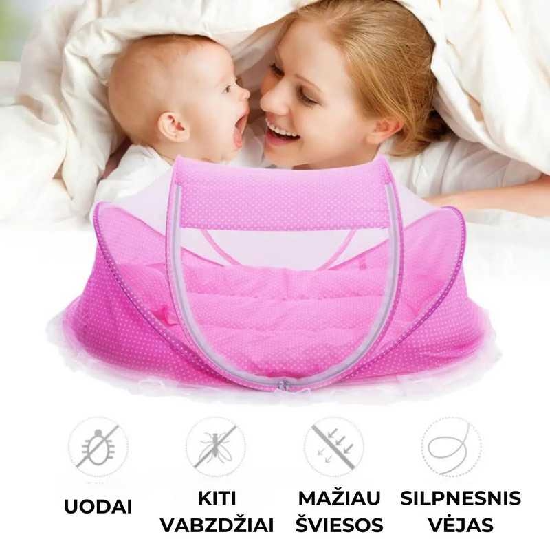 Nešiojama lovytė kūdikiams su tinkleliu, rožinė