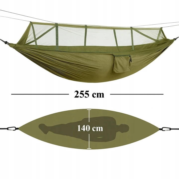 Turistinis hamakas su tinkleliu nuo uodų 255×140 cm, tamsiai žalias
