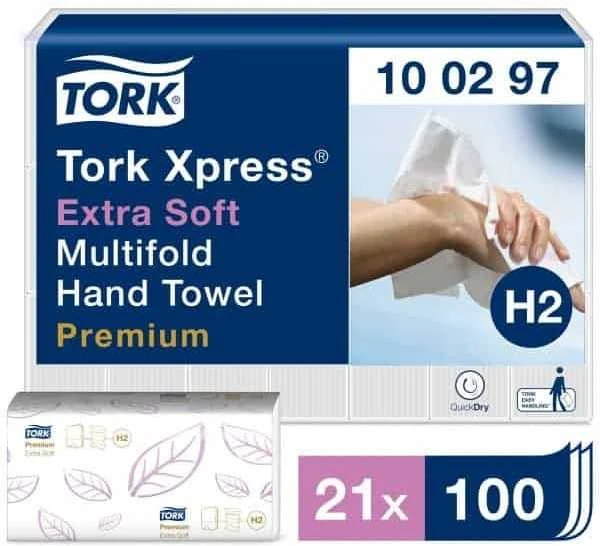 Rankų valymo popierius TORK PREMIUM EXTRA SOFT, H2 100297, 2 sl.,100 serv., 21.2 x 34 cm, balta sp.
