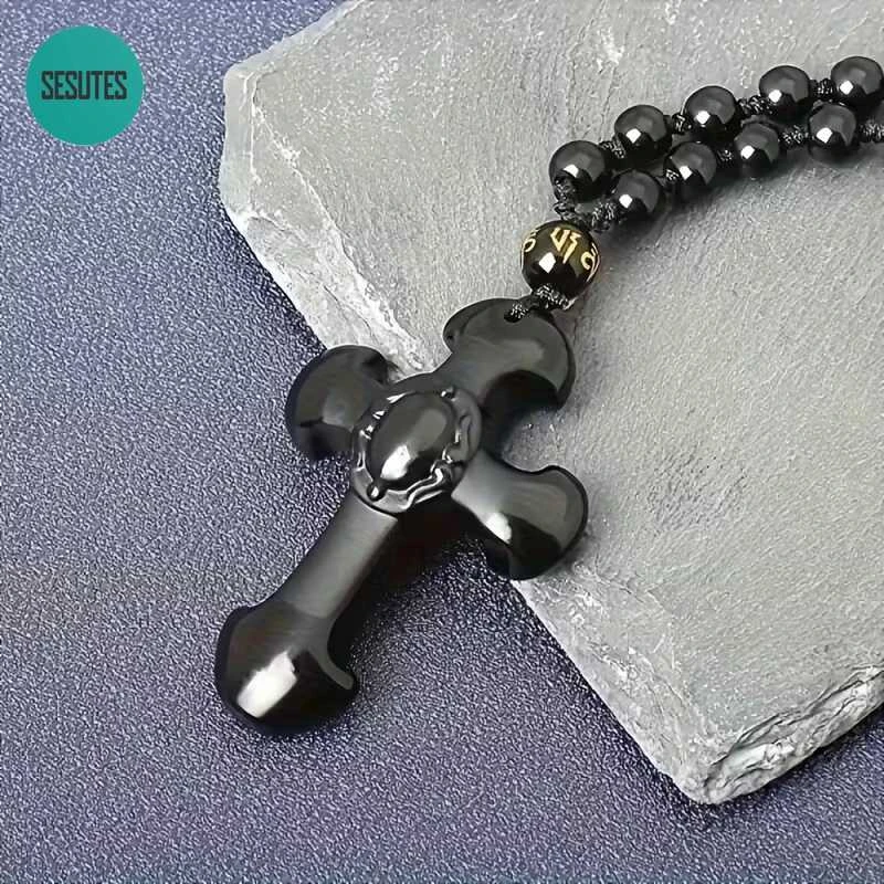 Obsidiano karoliai su kryžiaus pakabuku