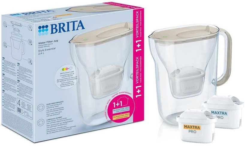 Vandens filtravimo ąsotis BRITA Style Essential 2.4L, smėlio spalvos su 2x MAXTRA PRO filtrais