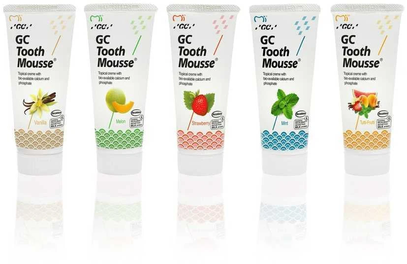 Remineralizuojantis dantų kremas be fluoro, penki skoniai, GC Tooth Mousse Recaldent, 35 ml x 5vnt
