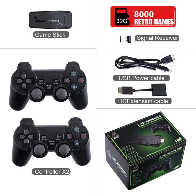 Vaizdo žaidimų konsolė 2.4G Dvigubas belaidis valdiklis Game Stick 4K 20000 žaidimai 64GB 32GB Retro žaidimai Televizoriaus dovana berniukui