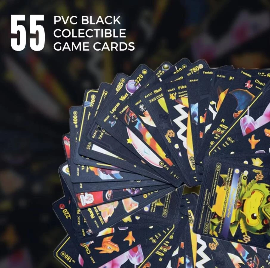55 PVC prekybos kortelės. Juodos žaidimo kortelės. V, Vmax, Gx, pagrindinis, dovana vaikams ir suaugusiems.