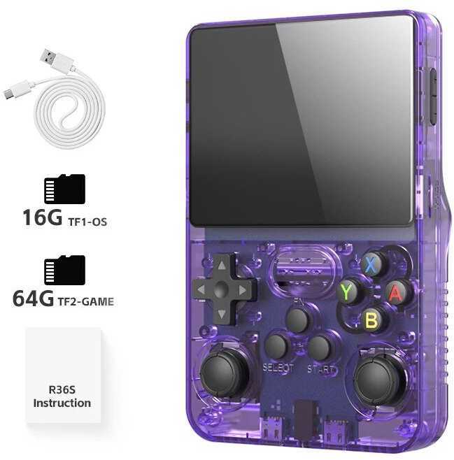 DATA FROG R36S Retro delninis vaizdo žaidimų konsolė Linux sistema 3,5 colio IPS ekranas, nešiojamasis kišeninis vaizdo grotuvas Žaidimai berniukui(PURPULINĖ)