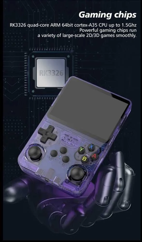 De'Luxe R36S Retro vaizdo delninė žaidimų konsolė, skirta 64G ir 1500 klasikiniams žaidimams, juoda