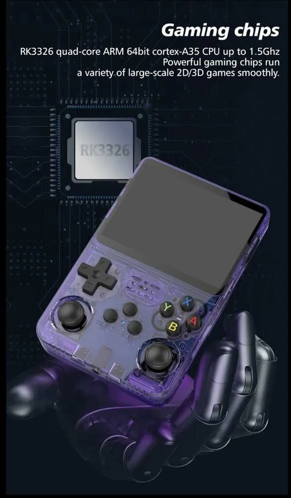 De'Luxe R36S Retro vaizdo delninė žaidimų konsolė, skirta 64G ir 1500 klasikiniams žaidimams, juoda