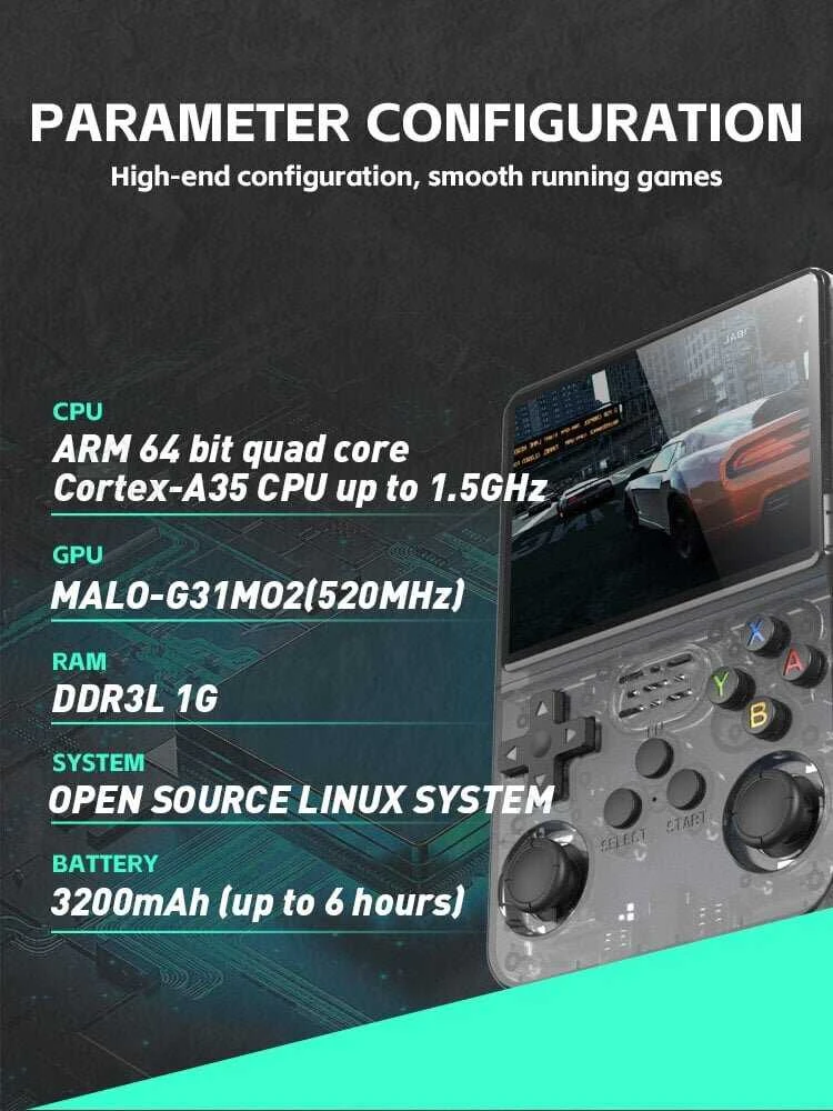 HappyJoe R36S, 128GB, Juodas, 20000+ Games, 3.5" IPS Screen, Linux