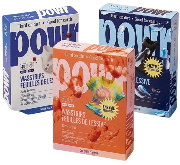 Skalbimo lapelių be mikroplastiko rinkinys Powr: 1x spalvotiems, 1x juodiems, 1x baltiems. 120 lapelių, visų tipų audiniams