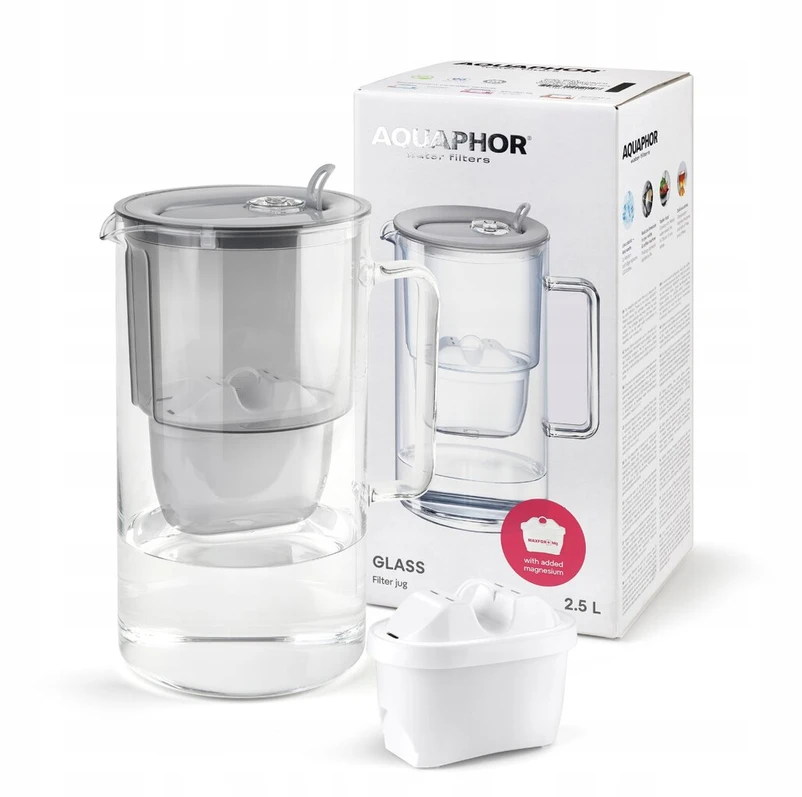 Vandens filtravimo ąsotis Aquaphor Glass 2,5L, pilkas, su 10 vnt vandens filtrų