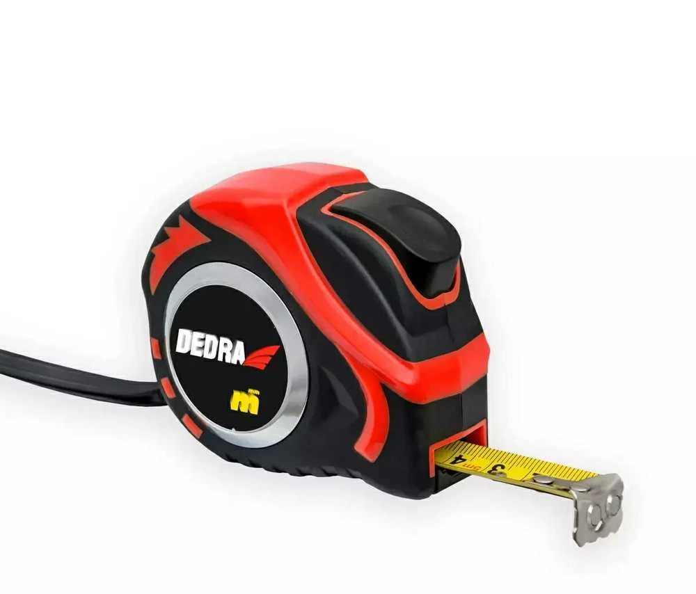 Dedra Rulete 10 m25 mm raudona automatinis stabdis magnetas dvipuse juosta gumuotas korpusas neilonas blisteris
