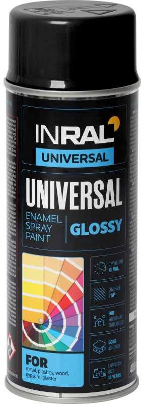 Aerozoliniai universalūs dažai INRAL UNIVERSAL juodi RAL9017 blizgūs 400 ml.