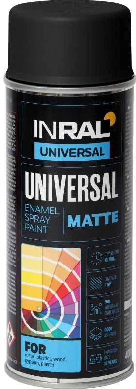 Aerozoliniai universalūs dažai INRAL UNIVERSAL juodi RAL9011 matiniai 400 ml.