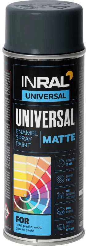 Aeroziliniai universalūs dažai INRAL UNIVERSAL antracito RAL7016 pusiau matinė 400 ml.