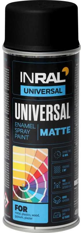 Aeroziliniai universalūs dažai INRAL UNIVERSAL matinė tamsiai juoda RAL9005 400 ml.