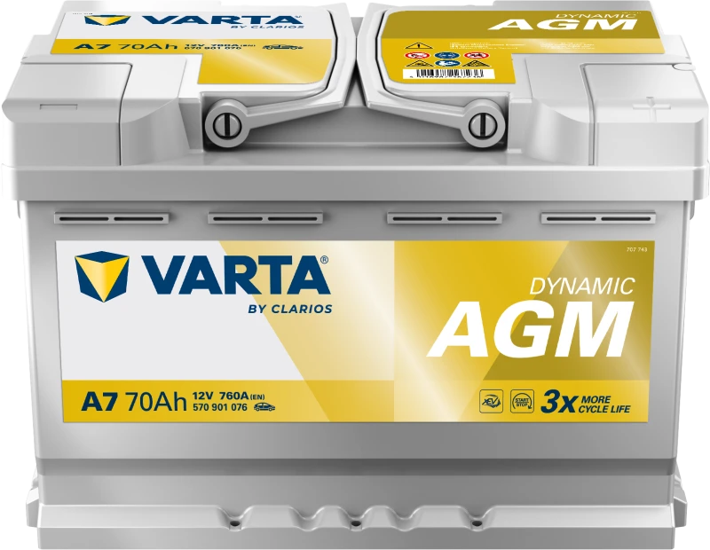 Varta AGM akumuliatorius 70Ah su techninių duomenų ženklinimu