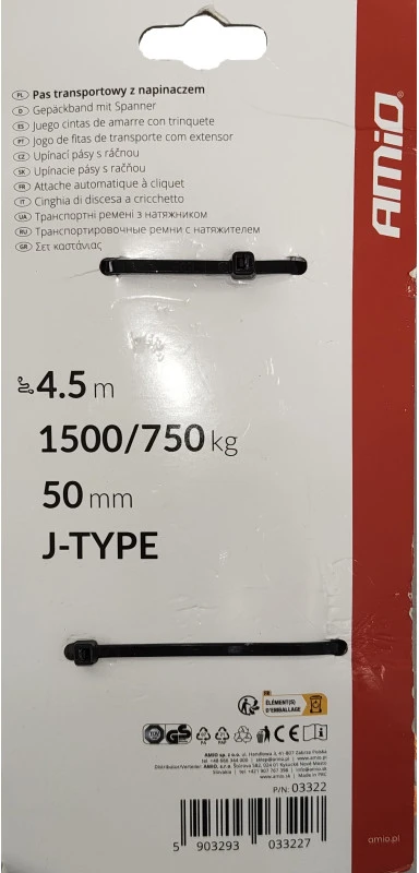 Transportavimo diržas su automatiniu įtraukikliu AMIO J–TYPE, 1500 kg, 50 mm, 4,5 m