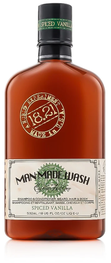 18.21 Man Made Wash Spiced Vanilla daugiafunkcė priemonė vyrams 3in1: šampūnas, kondicionierius ir kūno prausiklis viename, 530 ml