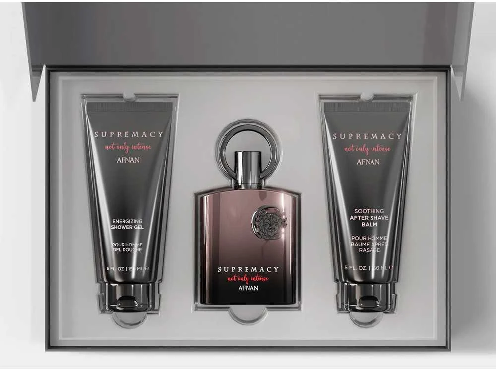 Afnan „Supremacy Not Only Intense“ kvepalai, 100 ml, kvapusis vanduo „Gel De Baño“, 100 ml, dezodorantas su pieštuku, 75 ml.