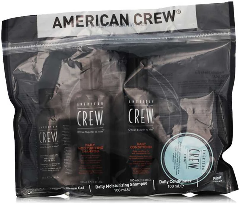„Essential Set American Crew“ rinkinys: kasdienis drėkinamasis plaukų kondicionierius, 100 ml + kasdienis drėkinimo šampūnas, 100 ml + stiprios fiksacijos plaukų formavimo pomada, 50 ml + raminamasis skutimosi gelis „Precision“, 50 ml