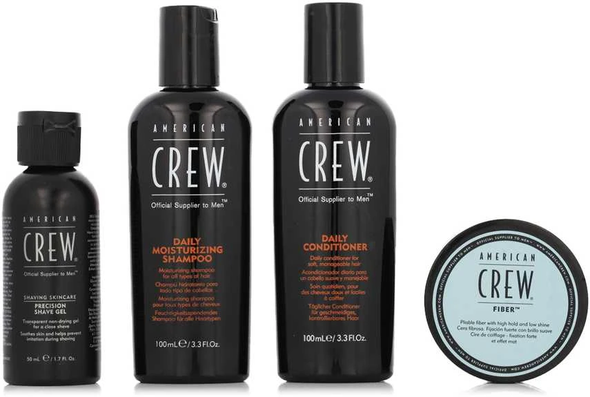 „Essential Set American Crew“ rinkinys: kasdienis drėkinamasis plaukų kondicionierius, 100 ml + kasdienis drėkinimo šampūnas, 100 ml + stiprios fiksacijos plaukų formavimo pomada, 50 ml + raminamasis skutimosi gelis „Precision“, 50 ml