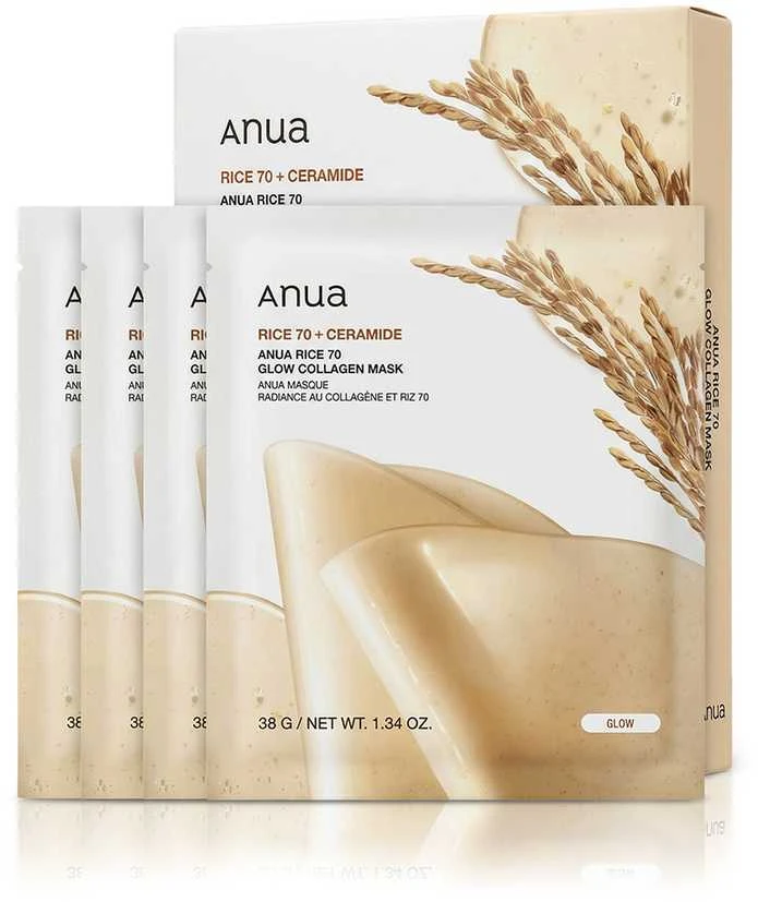 Veido kaukė Anua Rice 70+Ceramide Glow Collagen Mask 38 g 4 vnt.