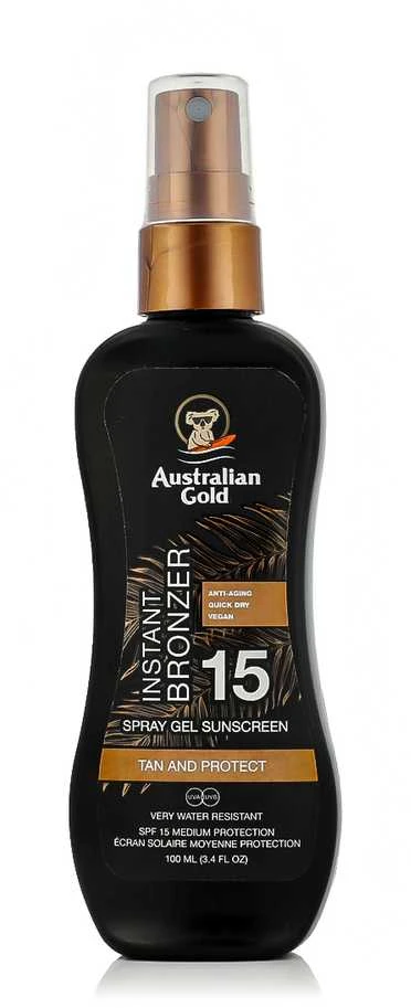 Australian Gold Purškiklis Gel Sunscreen SPF15 Apsauginis purškiamas pienelis nuo saulės su bronzantais, 100 ml