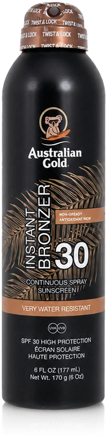 Australian Gold Instant Bronzer Continuous Purškiklis SPF 30 apsauginis purškiklis nuo saulės, 177 ml